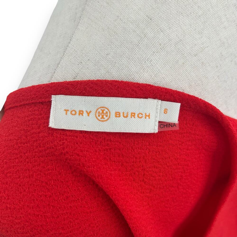 Tory Burch Red Crepe Keyhole Blouse Size 6 Short Sleeve Textured Office Work Top - Picture 10 of 12